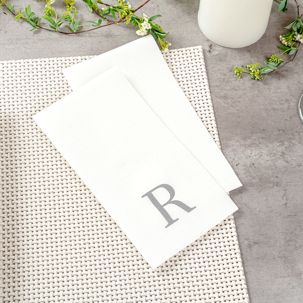 Luxenap Rectangle Silver Letter R White Paper Linen-Feel Guest Towel / Napkin - Air Laid, Sans Serif Font - 15 3/4" x 8" - 50 count box