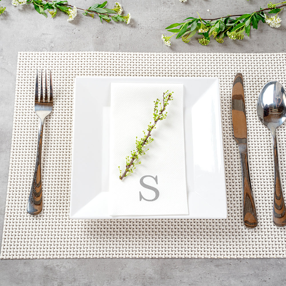 Luxenap Rectangle Silver Letter S White Paper Linen-Feel Guest Towel / Napkin - Air Laid, Sans Serif Font - 15 3/4" x 8" - 50 count box