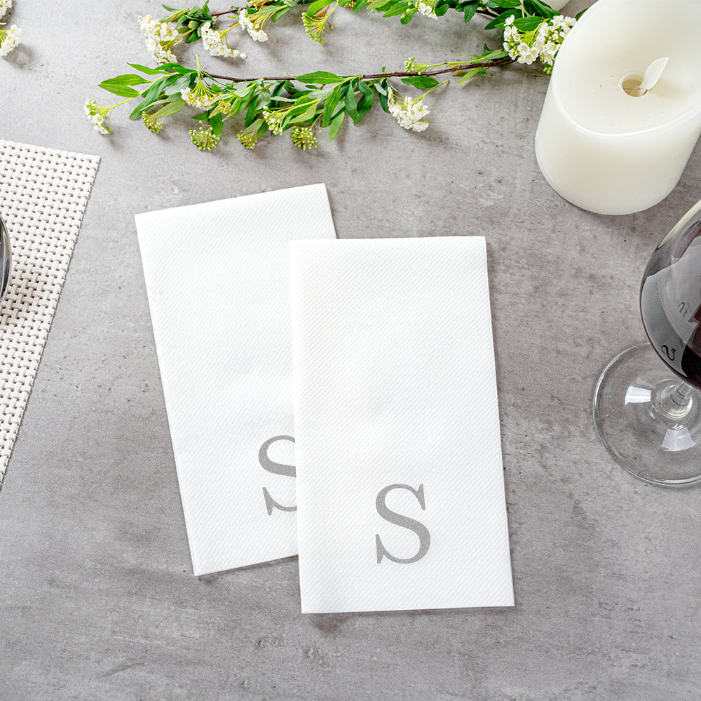 Luxenap Rectangle Silver Letter S White Paper Linen-Feel Guest Towel / Napkin - Air Laid, Sans Serif Font - 15 3/4" x 8" - 50 count box