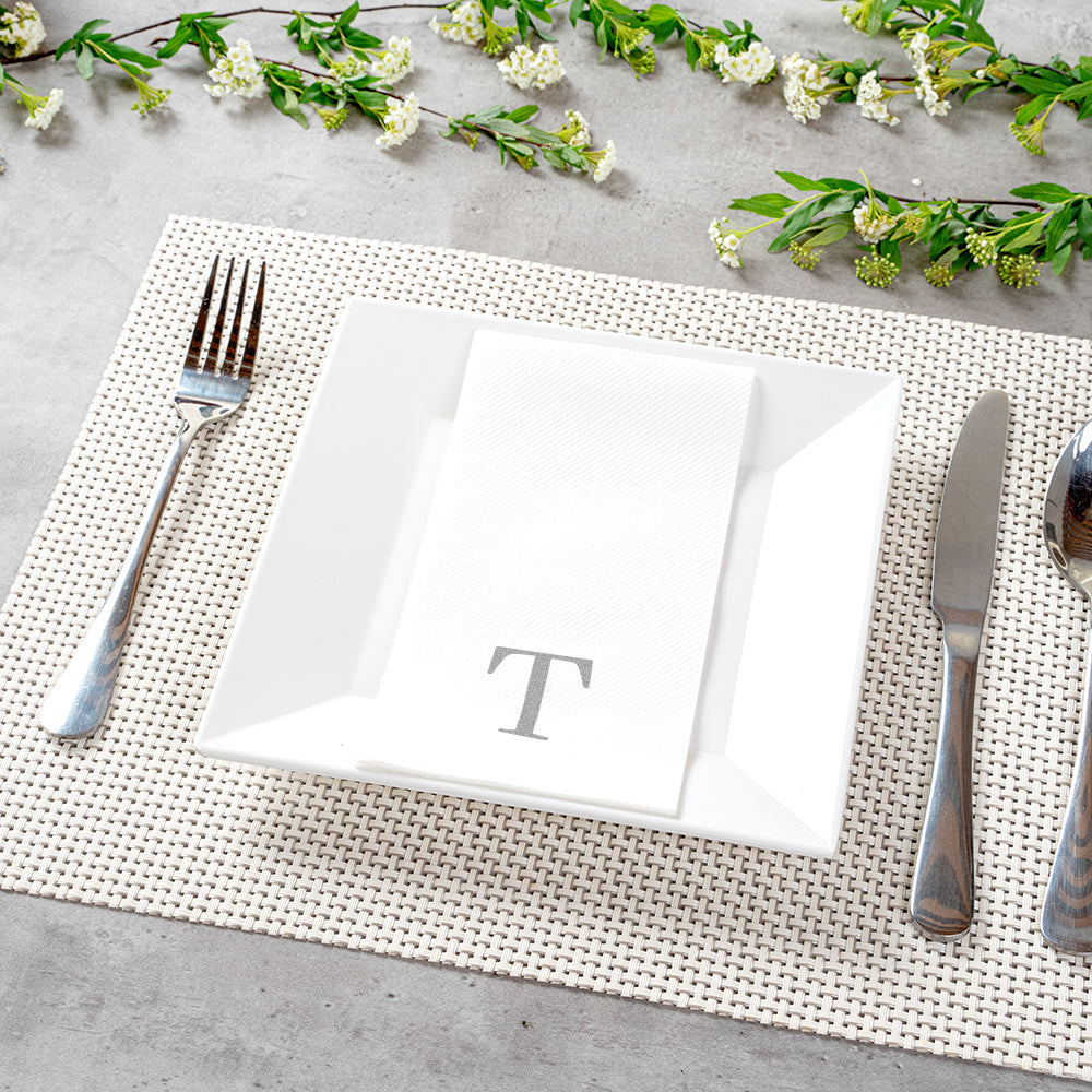 Luxenap Rectangle Silver Letter T White Paper Linen-Feel Guest Towel / Napkin - Air Laid, Sans Serif Font - 15 3/4" x 8" - 2000 count box