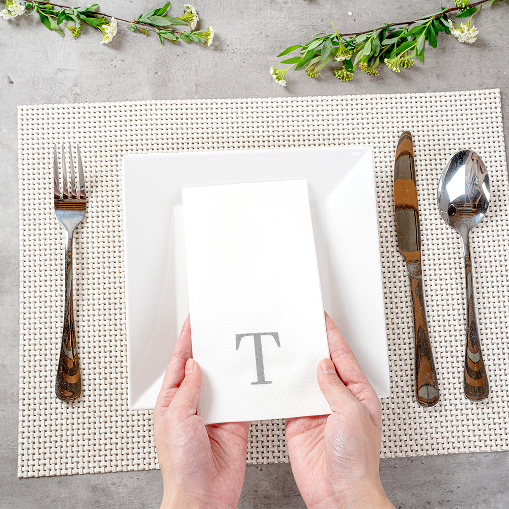 Luxenap Rectangle Silver Letter T White Paper Linen-Feel Guest Towel / Napkin - Air Laid, Sans Serif Font - 15 3/4" x 8" - 2000 count box