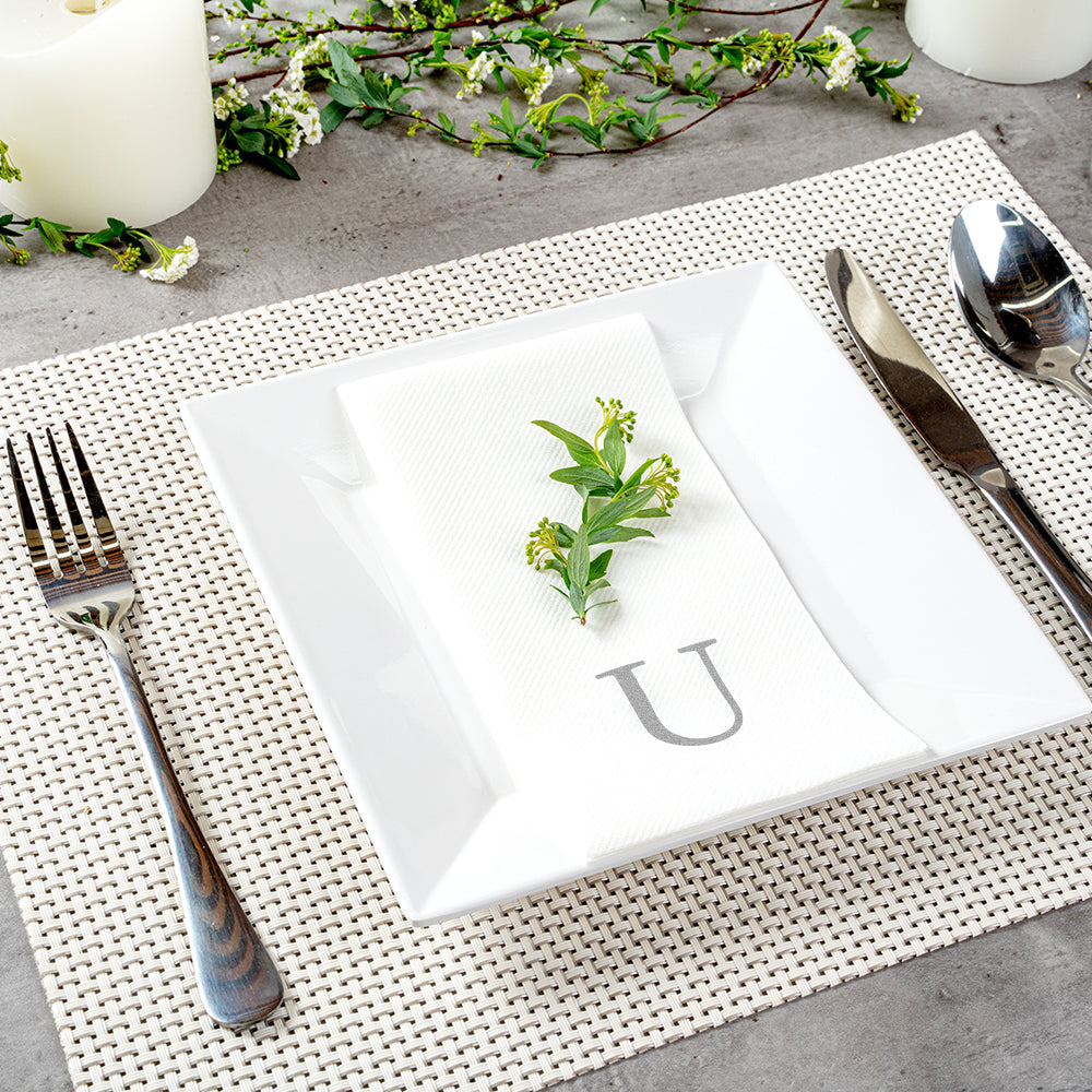 Luxenap Rectangle Silver Letter U White Paper Linen-Feel Guest Towel / Napkin - Air Laid, Sans Serif Font - 15 3/4" x 8" - 2000 count box