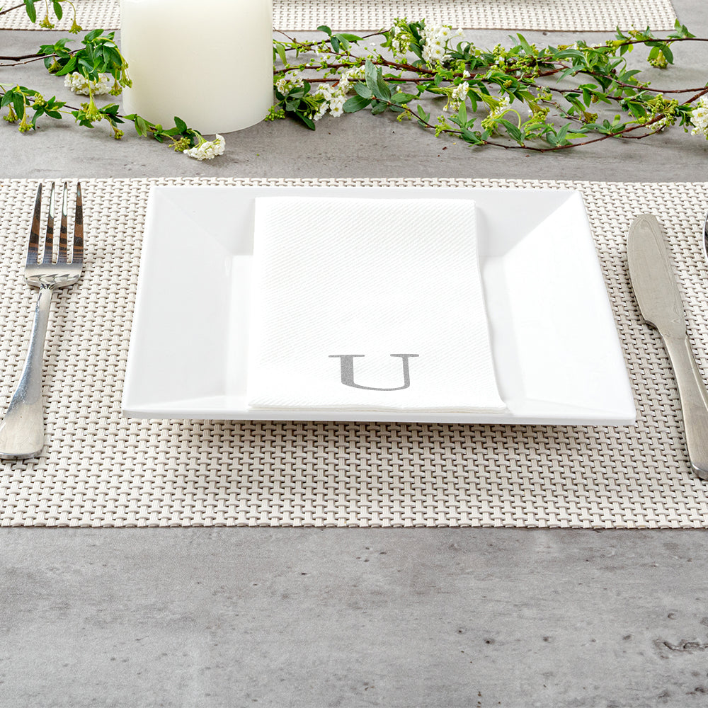 Luxenap Rectangle Silver Letter U White Paper Linen-Feel Guest Towel / Napkin - Air Laid, Sans Serif Font - 15 3/4" x 8" - 50 count box