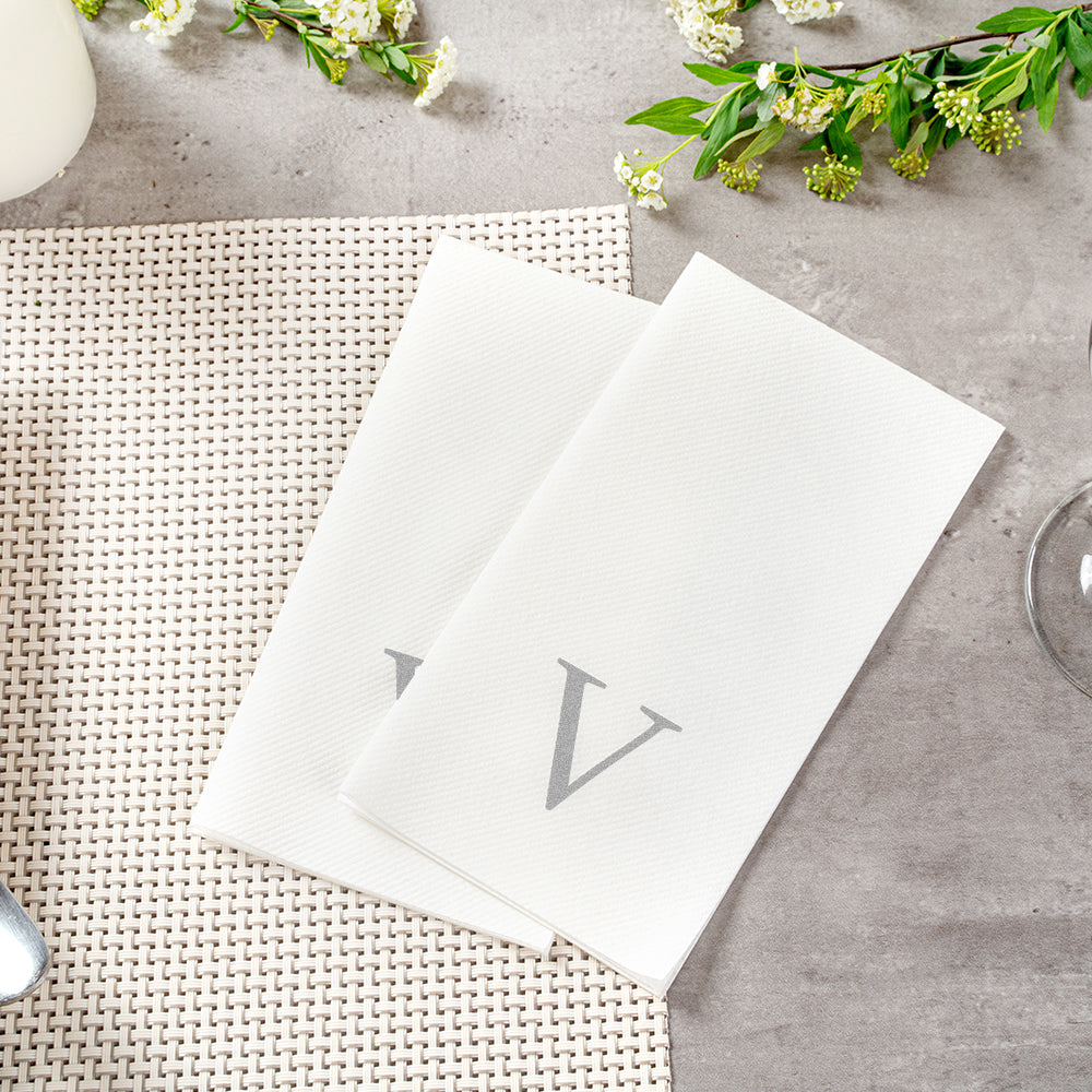 Luxenap Rectangle Silver Letter V White Paper Linen-Feel Guest Towel / Napkin - Air Laid, Sans Serif Font - 15 3/4" x 8" - 50 count box