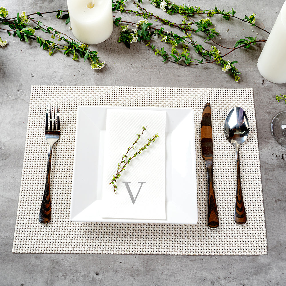 Luxenap Rectangle Silver Letter V White Paper Linen-Feel Guest Towel / Napkin - Air Laid, Sans Serif Font - 15 3/4" x 8" - 2000 count box