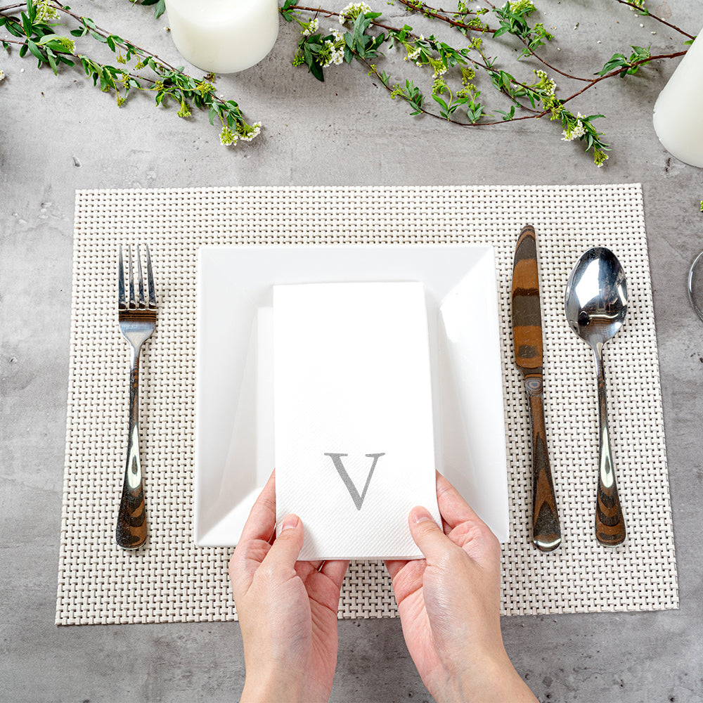 Luxenap Rectangle Silver Letter V White Paper Linen-Feel Guest Towel / Napkin - Air Laid, Sans Serif Font - 15 3/4" x 8" - 2000 count box