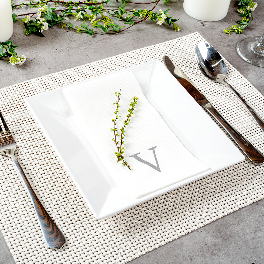 Luxenap Rectangle Silver Letter V White Paper Linen-Feel Guest Towel / Napkin - Air Laid, Sans Serif Font - 15 3/4" x 8" - 2000 count box
