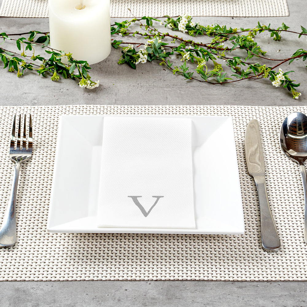 Luxenap Rectangle Silver Letter V White Paper Linen-Feel Guest Towel / Napkin - Air Laid, Sans Serif Font - 15 3/4" x 8" - 2000 count box