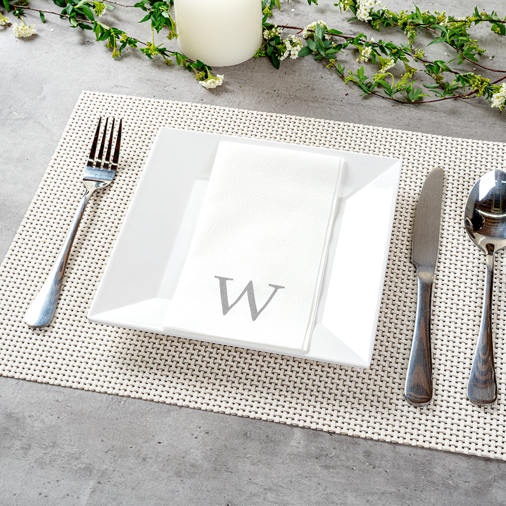 Luxenap Rectangle Silver Letter W White Paper Linen-Feel Guest Towel / Napkin - Air Laid, Sans Serif Font - 15 3/4" x 8" - 50 count box