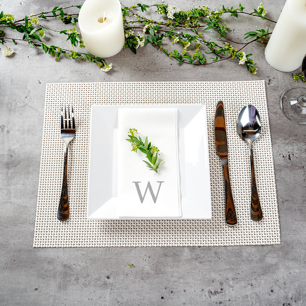 Luxenap Rectangle Silver Letter W White Paper Linen-Feel Guest Towel / Napkin - Air Laid, Sans Serif Font - 15 3/4" x 8" - 50 count box