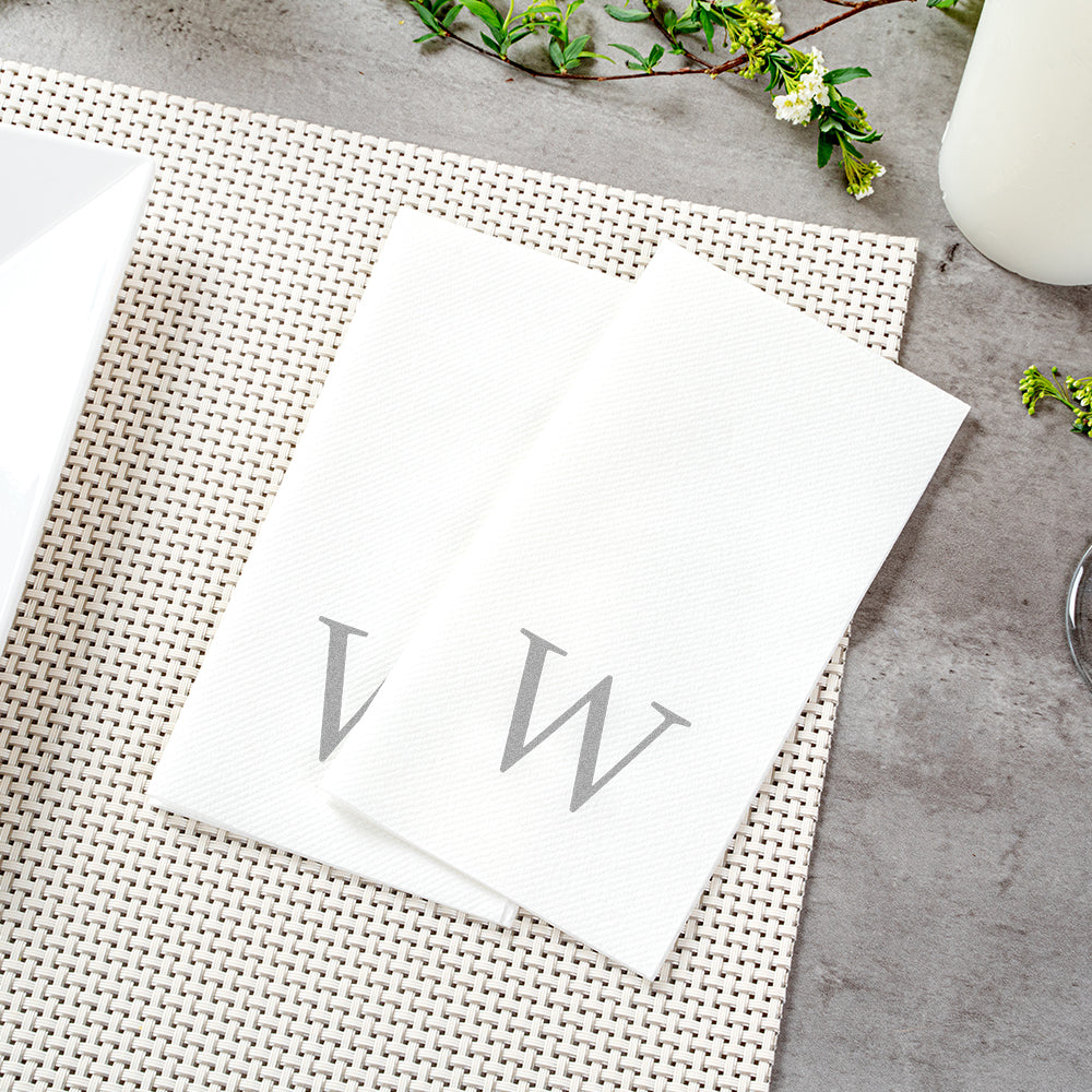 Luxenap Rectangle Silver Letter W White Paper Linen-Feel Guest Towel / Napkin - Air Laid, Sans Serif Font - 15 3/4" x 8" - 50 count box