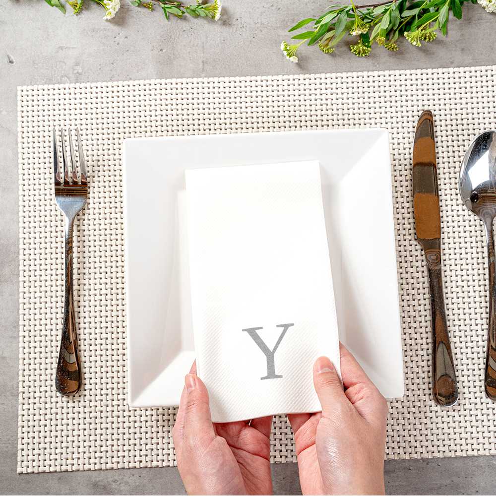 Luxenap Rectangle Silver Letter Y White Paper Linen-Feel Guest Towel / Napkin - Air Laid, Sans Serif Font - 15 3/4" x 8" - 50 count box