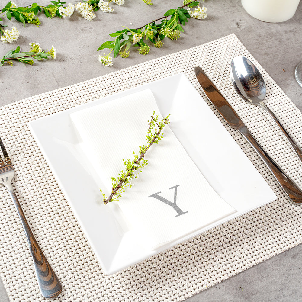 Luxenap Rectangle Silver Letter Y White Paper Linen-Feel Guest Towel / Napkin - Air Laid, Sans Serif Font - 15 3/4" x 8" - 2000 count box