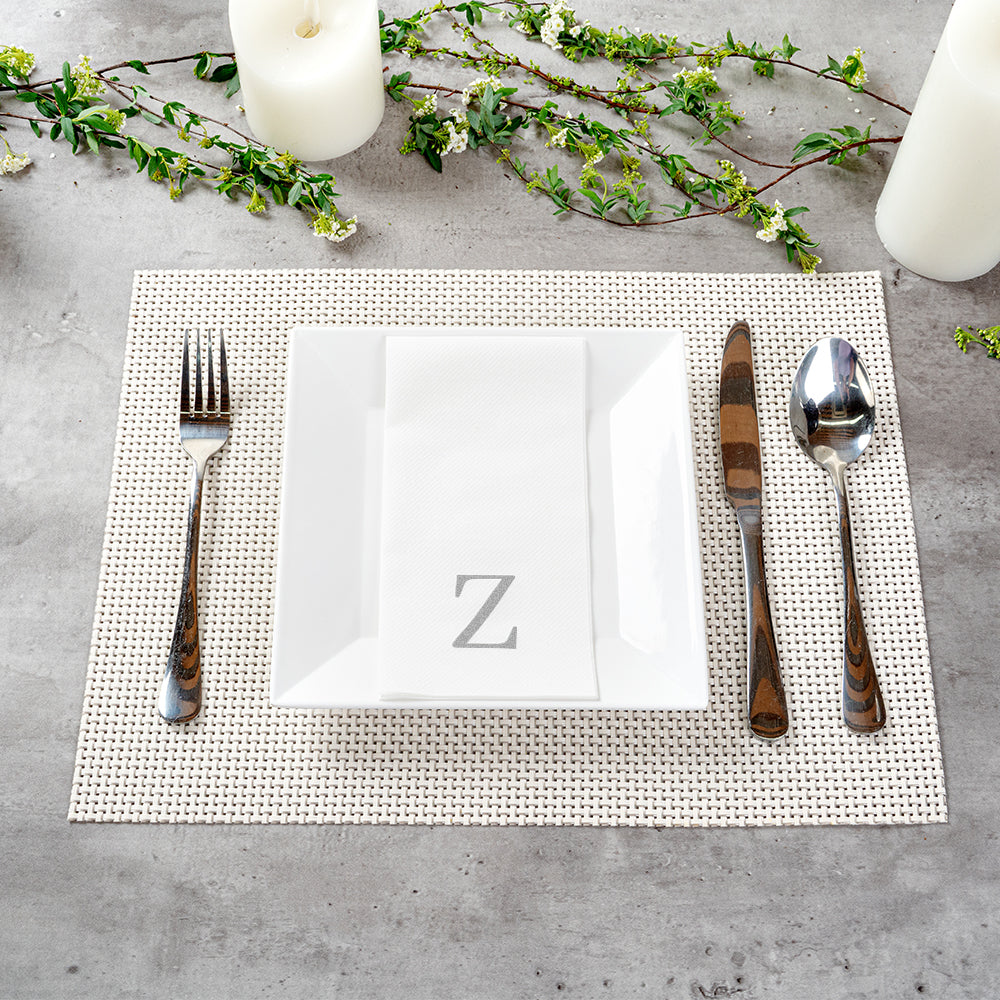 Luxenap Rectangle Silver Letter Z White Paper Linen-Feel Guest Towel / Napkin - Air Laid, Sans Serif Font - 15 3/4" x 8" - 50 count box