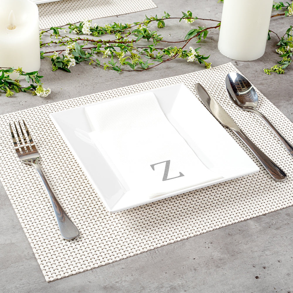 Luxenap Rectangle Silver Letter Z White Paper Linen-Feel Guest Towel / Napkin - Air Laid, Sans Serif Font - 15 3/4" x 8" - 2000 count box