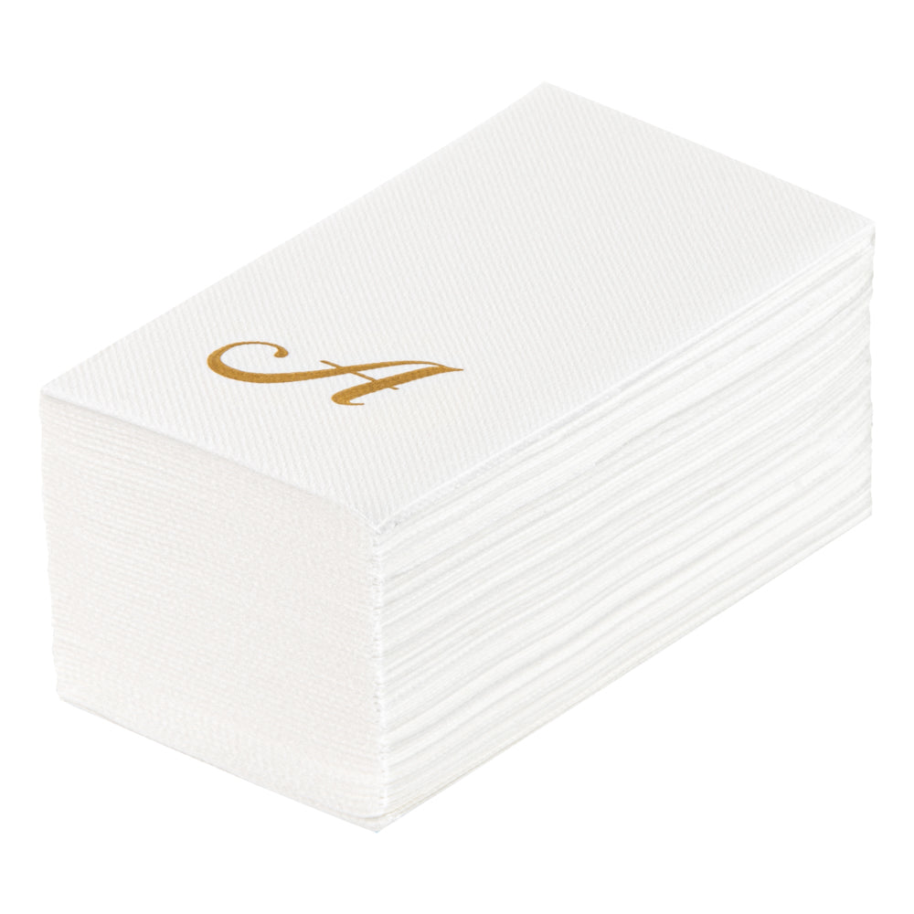 Luxenap Rectangle Gold Letter A White Paper Linen-Feel Guest Towel / Napkin - Air Laid, Cursive Font - 15 3/4" x 8" - 50 count box