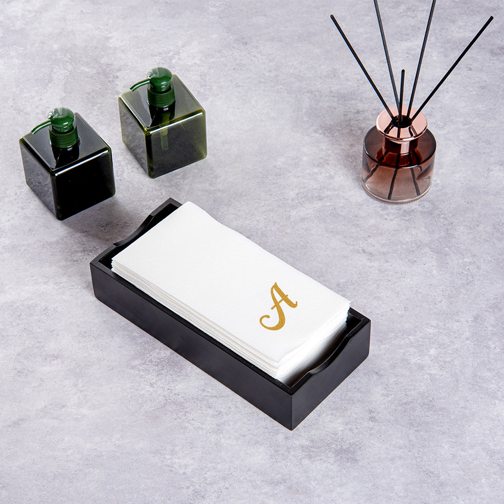 Luxenap Rectangle Gold Letter A White Paper Linen-Feel Guest Towel / Napkin - Air Laid, Cursive Font - 15 3/4" x 8" - 50 count box