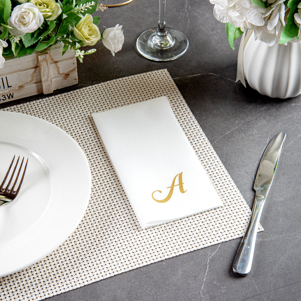 Luxenap Rectangle Gold Letter A White Paper Linen-Feel Guest Towel / Napkin - Air Laid, Cursive Font - 15 3/4" x 8" - 2000 count box