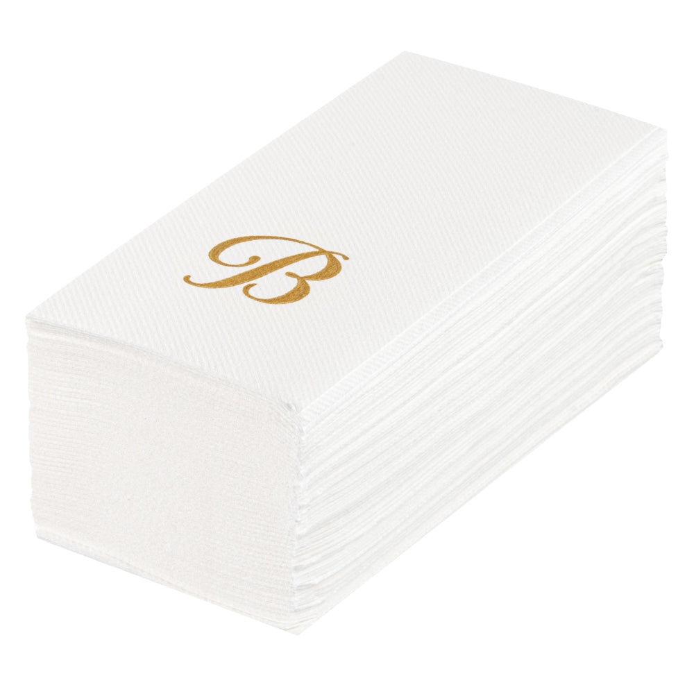 Luxenap Rectangle Gold Letter B White Paper Linen-Feel Guest Towel / Napkin - Air Laid, Cursive Font - 15 3/4" x 8" - 50 count box
