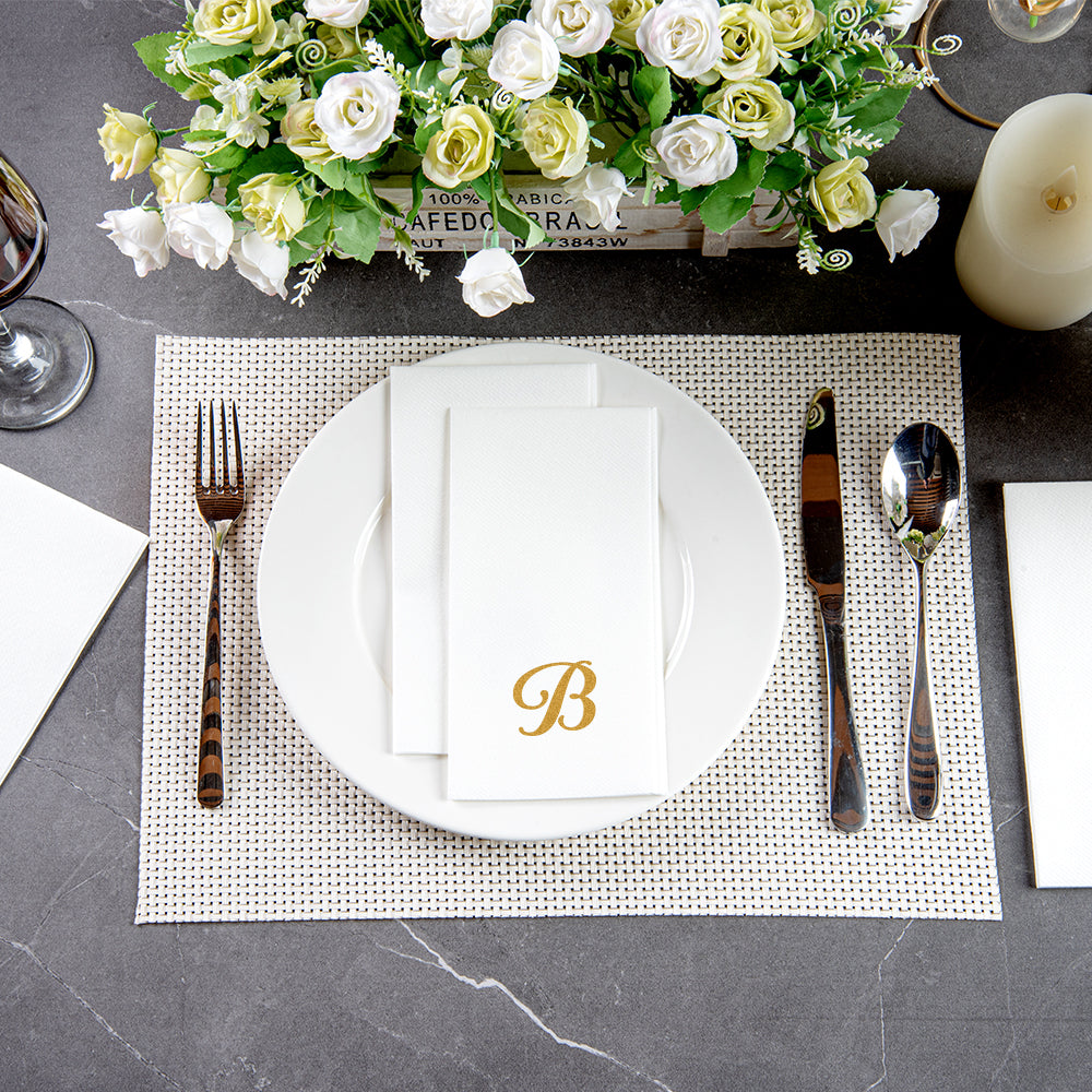 Luxenap Rectangle Gold Letter B White Paper Linen-Feel Guest Towel / Napkin - Air Laid, Cursive Font - 15 3/4" x 8" - 50 count box