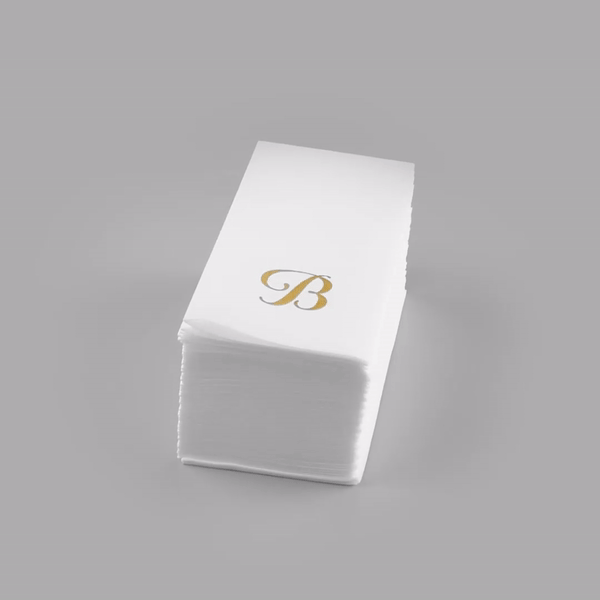 Luxenap Rectangle Gold Letter B White Paper Linen-Feel Guest Towel / Napkin - Air Laid, Cursive Font - 15 3/4" x 8" - 50 count box
