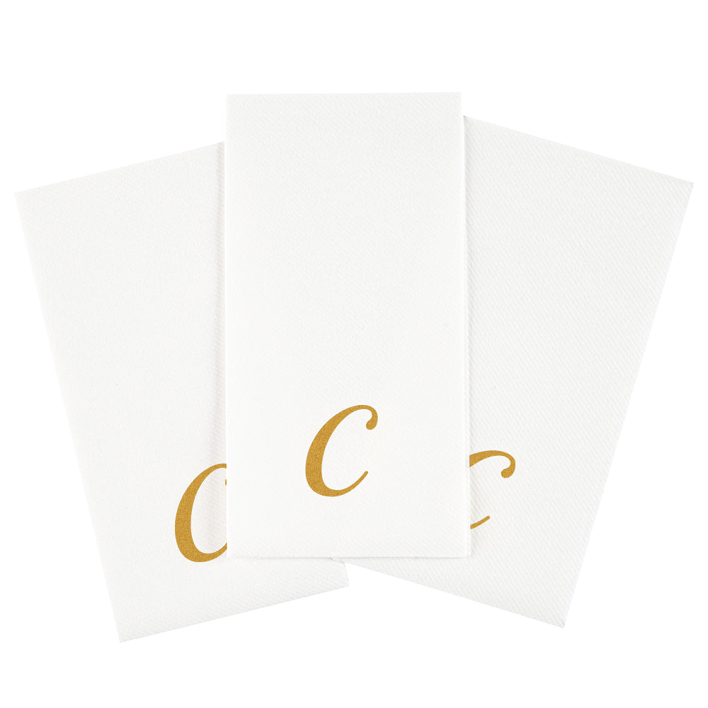 Luxenap Rectangle Gold Letter C White Paper Linen-Feel Guest Towel / Napkin - Air Laid, Cursive Font - 15 3/4" x 8" - 50 count box