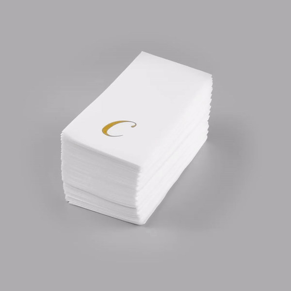 Luxenap Rectangle Gold Letter C White Paper Linen-Feel Guest Towel / Napkin - Air Laid, Cursive Font - 15 3/4" x 8" - 2000 count box
