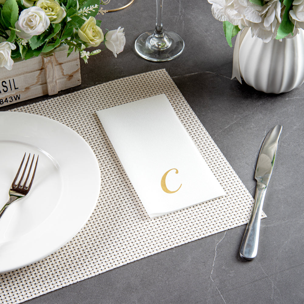 Luxenap Rectangle Gold Letter C White Paper Linen-Feel Guest Towel / Napkin - Air Laid, Cursive Font - 15 3/4" x 8" - 2000 count box