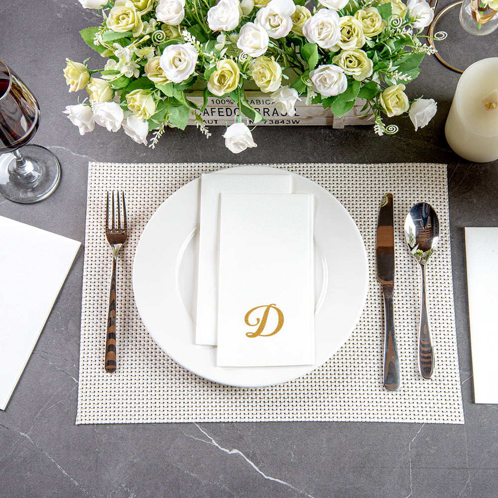 Luxenap Rectangle Gold Letter D White Paper Linen-Feel Guest Towel / Napkin - Air Laid, Cursive Font - 15 3/4" x 8" - 2000 count box