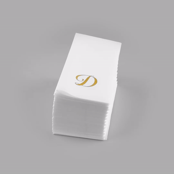 Luxenap Rectangle Gold Letter D White Paper Linen-Feel Guest Towel / Napkin - Air Laid, Cursive Font - 15 3/4" x 8" - 50 count box