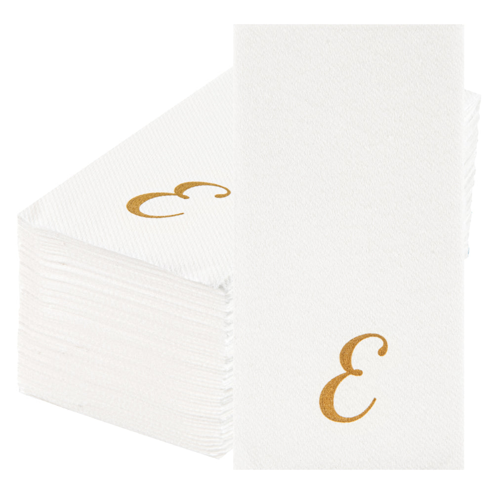 Luxenap Rectangle Gold Letter E White Paper Linen-Feel Guest Towel / Napkin - Air Laid, Cursive Font - 15 3/4" x 8" - 50 count box