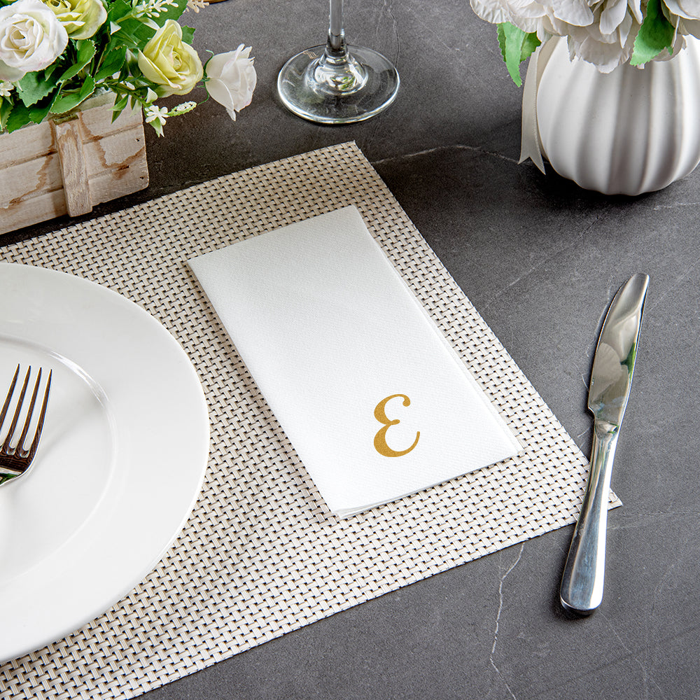 Luxenap Rectangle Gold Letter E White Paper Linen-Feel Guest Towel / Napkin - Air Laid, Cursive Font - 15 3/4" x 8" - 2000 count box