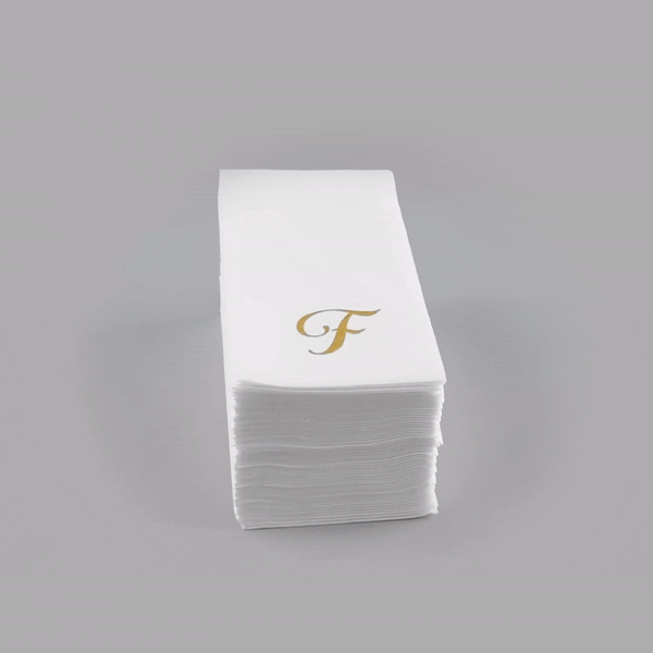 Luxenap Rectangle Gold Letter F White Paper Linen-Feel Guest Towel / Napkin - Air Laid, Cursive Font - 15 3/4" x 8" - 50 count box