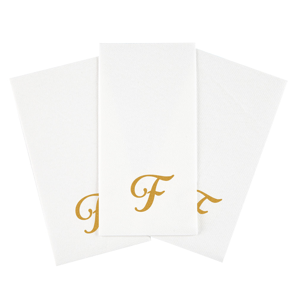 Luxenap Rectangle Gold Letter F White Paper Linen-Feel Guest Towel / Napkin - Air Laid, Cursive Font - 15 3/4" x 8" - 50 count box