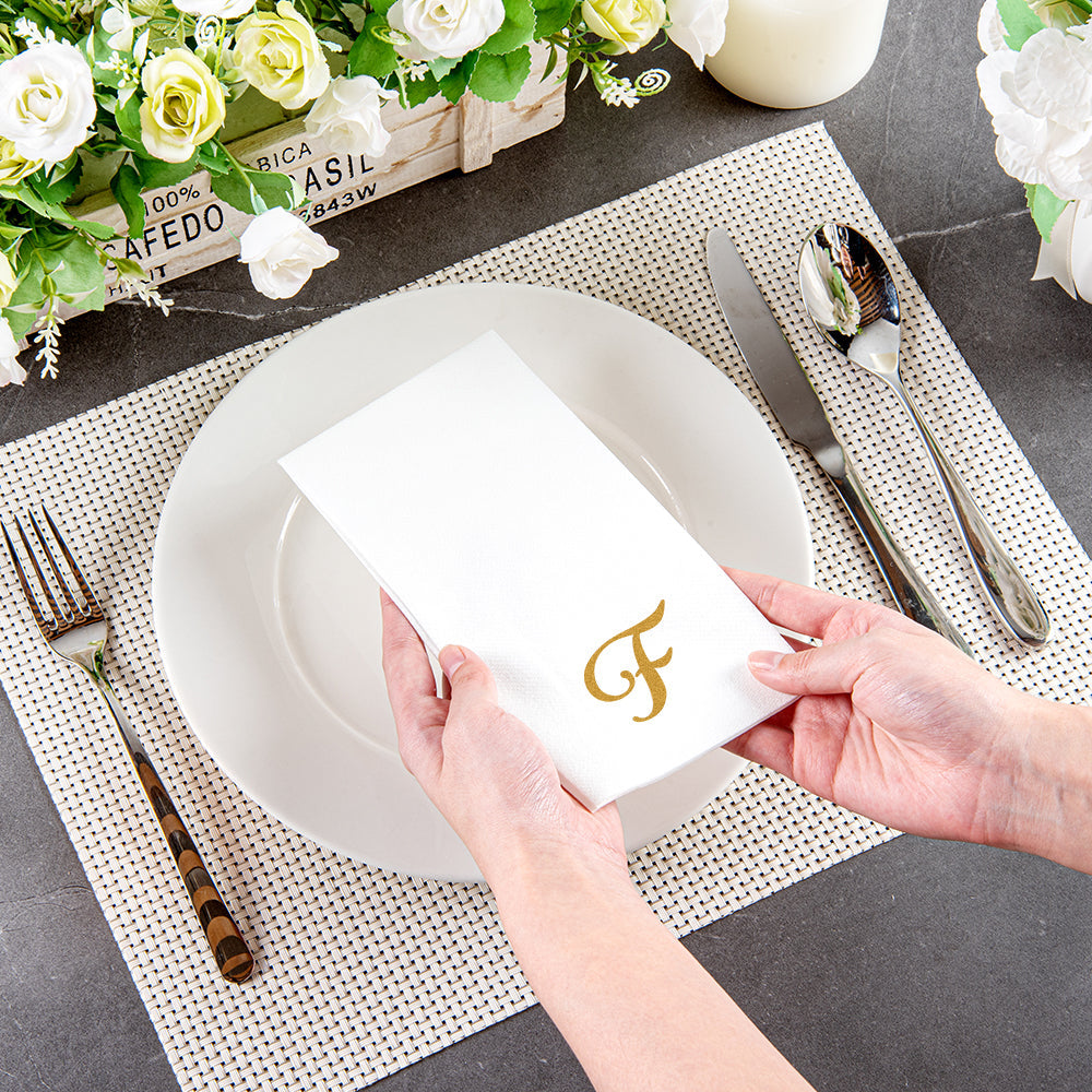 Luxenap Rectangle Gold Letter F White Paper Linen-Feel Guest Towel / Napkin - Air Laid, Cursive Font - 15 3/4" x 8" - 50 count box