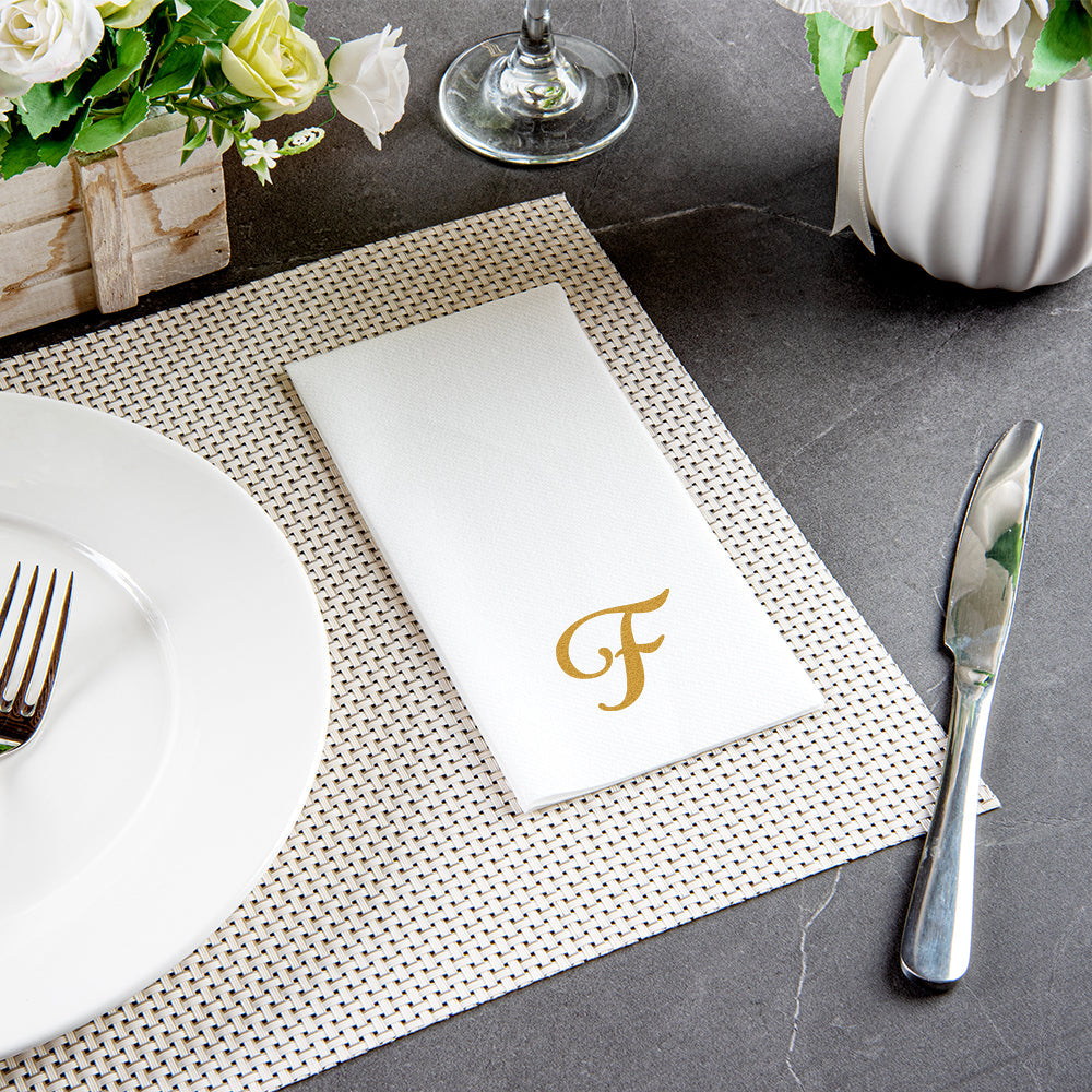 Luxenap Rectangle Gold Letter F White Paper Linen-Feel Guest Towel / Napkin - Air Laid, Cursive Font - 15 3/4" x 8" - 2000 count box