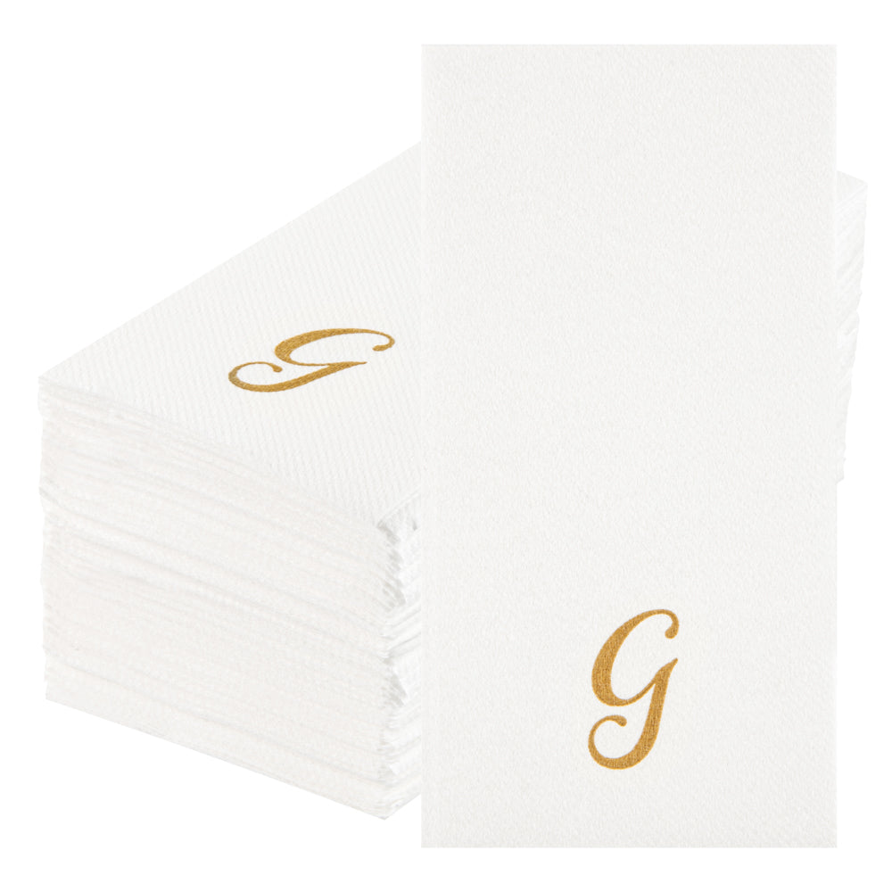Luxenap Rectangle Gold Letter G White Paper Linen-Feel Guest Towel / Napkin - Air Laid, Cursive Font - 15 3/4" x 8" - 50 count box