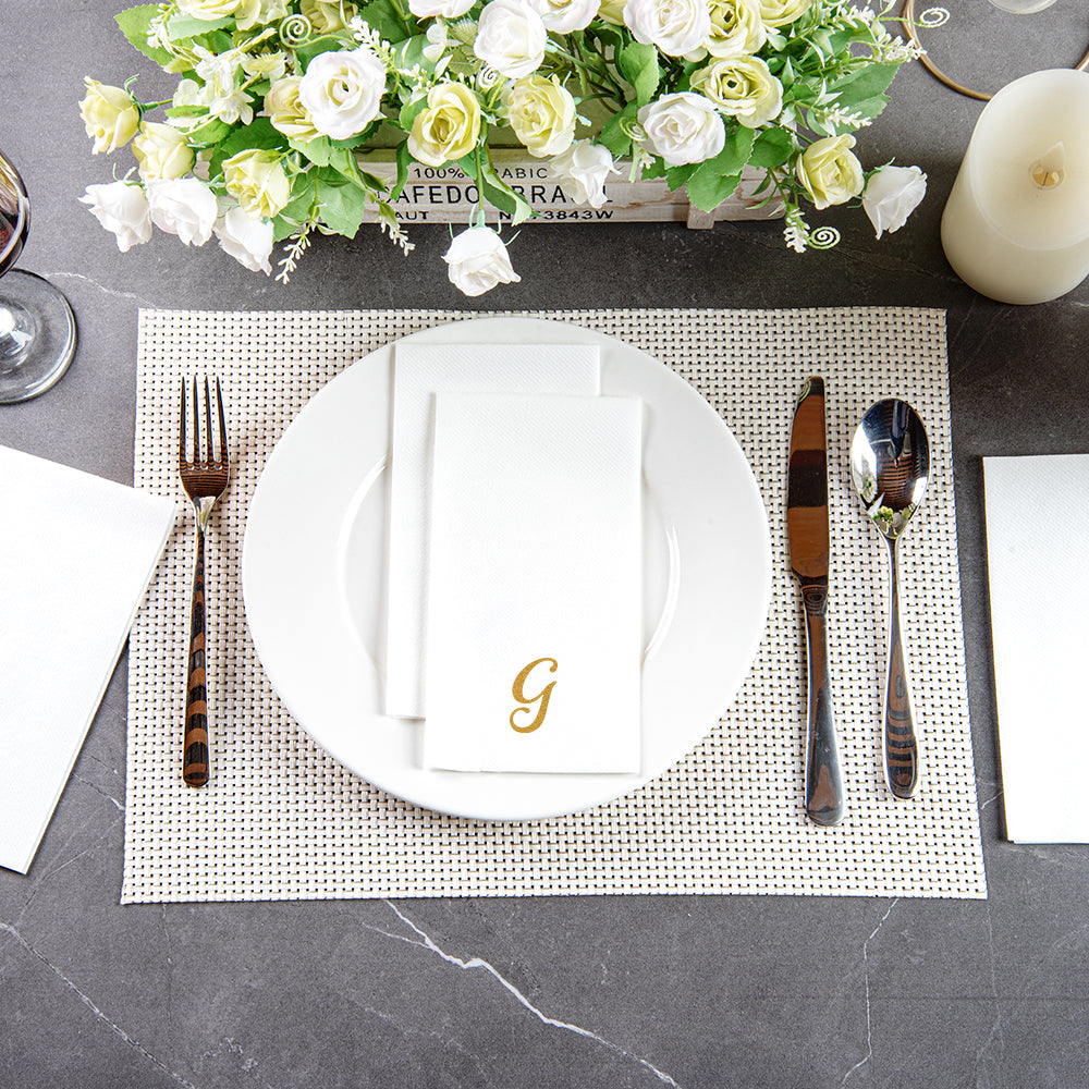 Luxenap Rectangle Gold Letter G White Paper Linen-Feel Guest Towel / Napkin - Air Laid, Cursive Font - 15 3/4" x 8" - 50 count box