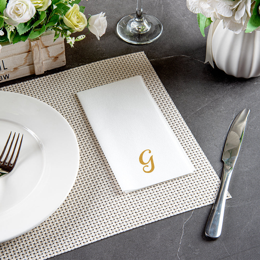 Luxenap Rectangle Gold Letter G White Paper Linen-Feel Guest Towel / Napkin - Air Laid, Cursive Font - 15 3/4" x 8" - 50 count box