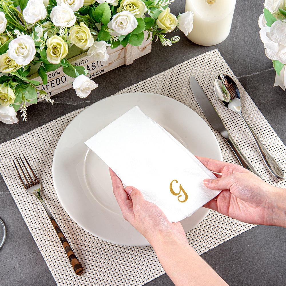 Luxenap Rectangle Gold Letter G White Paper Linen-Feel Guest Towel / Napkin - Air Laid, Cursive Font - 15 3/4" x 8" - 50 count box