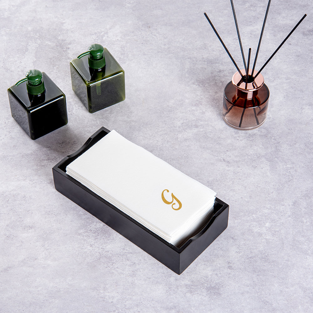 Luxenap Rectangle Gold Letter G White Paper Linen-Feel Guest Towel / Napkin - Air Laid, Cursive Font - 15 3/4" x 8" - 50 count box