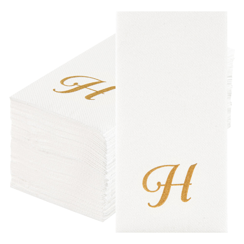 Luxenap Rectangle Gold Letter H White Paper Linen-Feel Guest Towel / Napkin - Air Laid, Cursive Font - 15 3/4" x 8" - 2000 count box