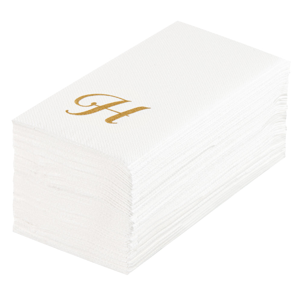 Luxenap Rectangle Gold Letter H White Paper Linen-Feel Guest Towel / Napkin - Air Laid, Cursive Font - 15 3/4" x 8" - 2000 count box
