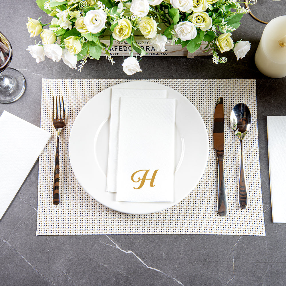 Luxenap Rectangle Gold Letter H White Paper Linen-Feel Guest Towel / Napkin - Air Laid, Cursive Font - 15 3/4" x 8" - 2000 count box