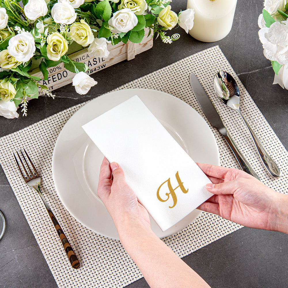 Luxenap Rectangle Gold Letter H White Paper Linen-Feel Guest Towel / Napkin - Air Laid, Cursive Font - 15 3/4" x 8" - 50 count box