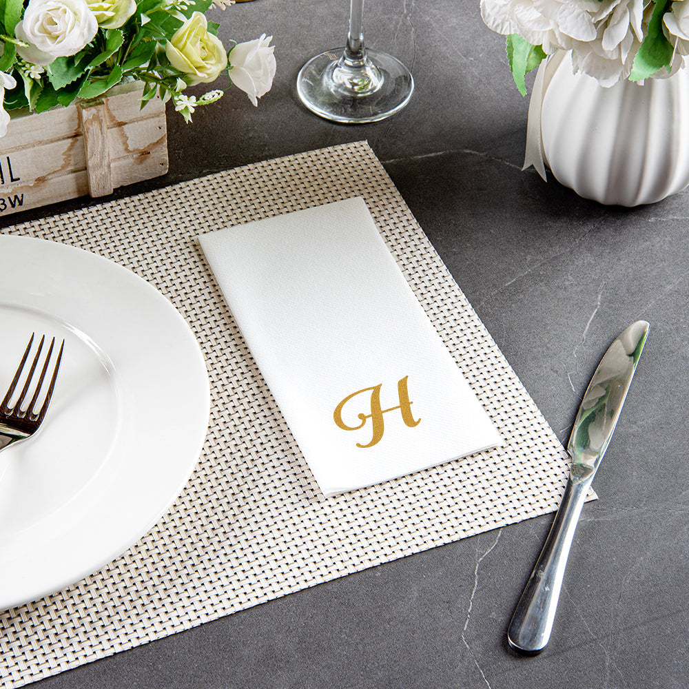 Luxenap Rectangle Gold Letter H White Paper Linen-Feel Guest Towel / Napkin - Air Laid, Cursive Font - 15 3/4" x 8" - 2000 count box