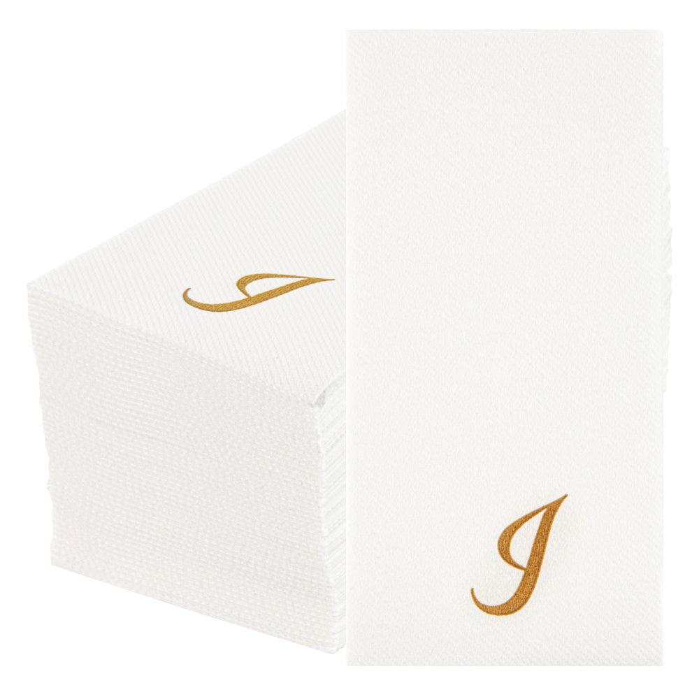 Luxenap Rectangle Gold Letter I White Paper Linen-Feel Guest Towel / Napkin - Air Laid, Cursive Font - 15 3/4" x 8" - 50 count box