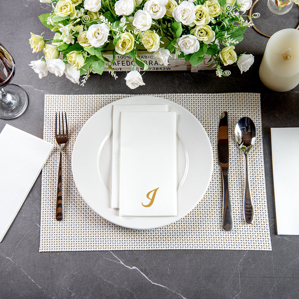 Luxenap Rectangle Gold Letter I White Paper Linen-Feel Guest Towel / Napkin - Air Laid, Cursive Font - 15 3/4" x 8" - 50 count box