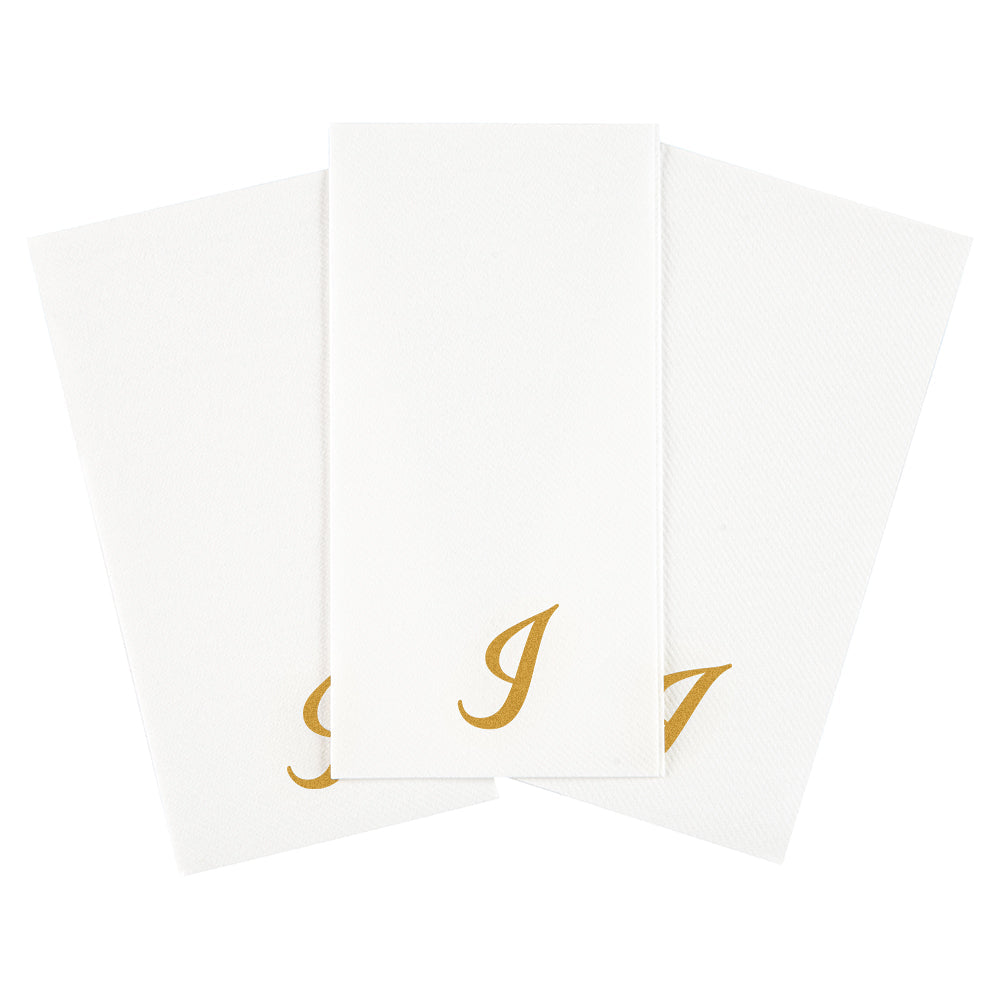 Luxenap Rectangle Gold Letter I White Paper Linen-Feel Guest Towel / Napkin - Air Laid, Cursive Font - 15 3/4" x 8" - 50 count box