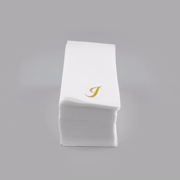 Luxenap Rectangle Gold Letter I White Paper Linen-Feel Guest Towel / Napkin - Air Laid, Cursive Font - 15 3/4" x 8" - 2000 count box